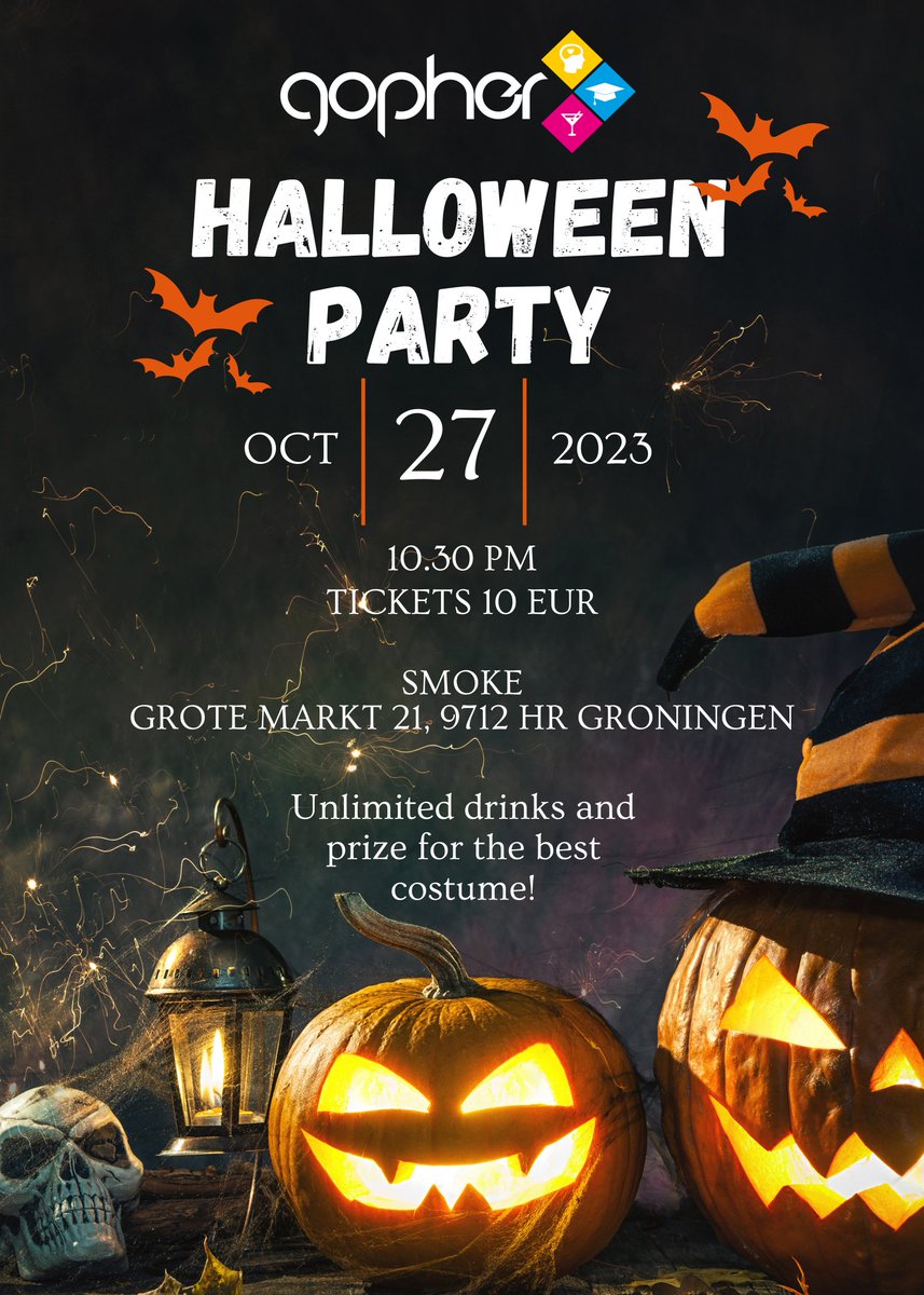 Are you ready for our last event as the 2022-2023 board?? 😱

Join us for an unforgettable Halloween bash! It's a party with unlimited drinks, and guess what? Tickets are just 10 EUR for everyone, PhDs and non-PhDs alike! 

Registration on our website 🌟

#GopherGroningen