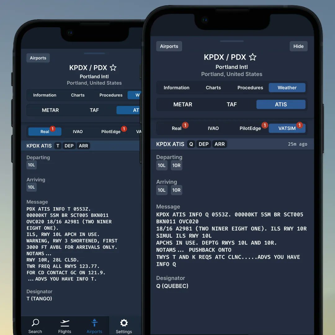 navigraph's tweet photo. Up-to-date information is important for a realistic experience! ✈️ We're happy to announce that that Charts now offers ATIS from the popular online flying networks @ivaoaero, @pilotedgeATC and @vatsim, as well as real-world ATIS in the US. Learn more 👉 https://t.co/F5JHlWCUEz https://t.co/9ZBSw5qHFt