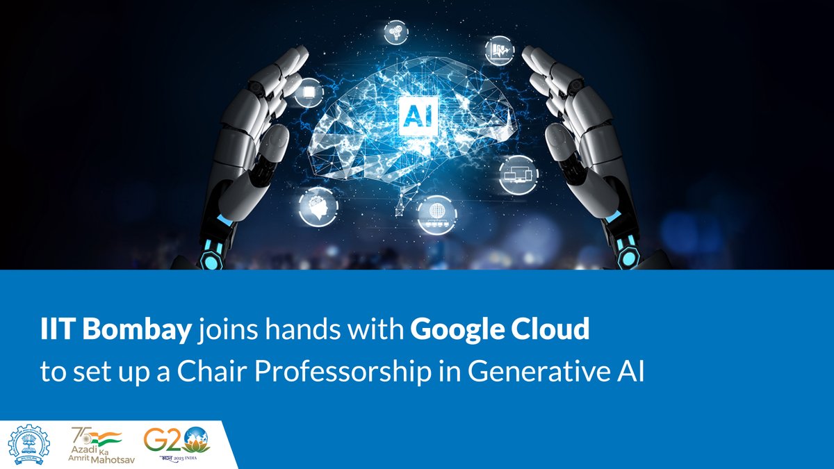 iitbombay's tweet photo. On Sep 6, 2023, IIT Bombay signed an MoU with #GoogleCloudIndia to establish a Chair Professorship in Generative AI! This endowed Chair will drive cutting-edge research, nurture academic excellence, and foster collaborations. https://t.co/Aeg8Z1HebY