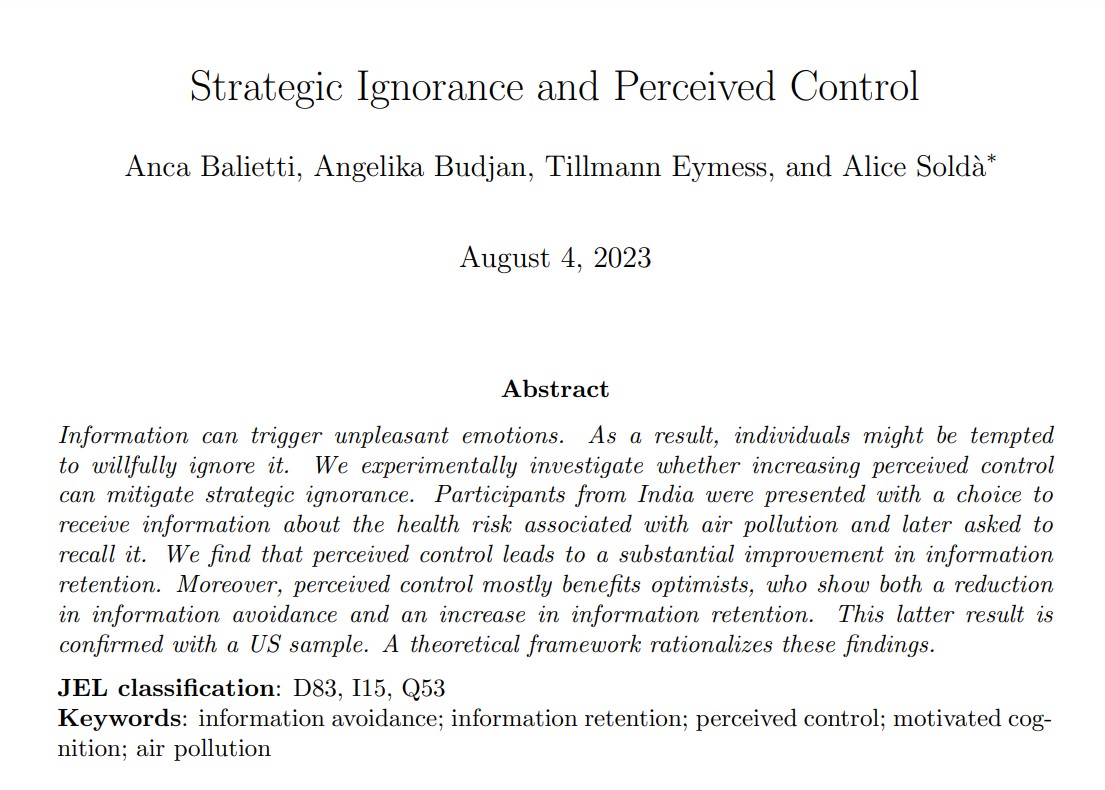 🚨 New Working Paper 🚨

<a href="/AncaBalietti/">anca.balietti</a> <a href="/teymess/">Tillmann Eymess</a> <a href="/AngelikaBudjan/">Angelika Budjan</a> and I investigate whether ⬆️ perceived control can mitigate strategic ignorance of distressing information.

The answer is YES!

Key take-aways in thread below. Full paper available here:
archiv.ub.uni-heidelberg.de/volltextserver…