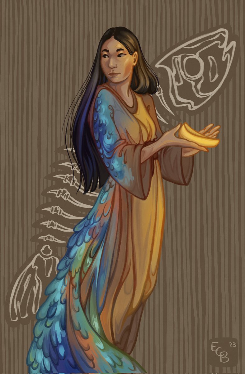 eryberi's tweet photo. "Yexian asked the spirit in the bones of the fish for clothes to attend the festival and found herself in a cloak of kingfisher feathers with golden shoes."

My second illustration for Yexian, the Chinese Cinderella and the oldest version of the story that we know 🐠💛 https://t.co/O7PHcwEK8L