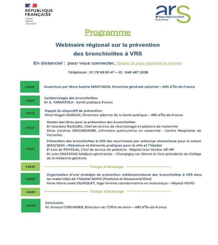 URPS_SF_IDF's tweet photo. 🔴 L'ARS Ile-de-France vous invite à un webinaire régional sur la prévention des bronchiolites à VRS : mercredi 6 septembre 2023 à 13 heure.
Si vous êtes disponibles, veuillez trouvez ci-dessous son programme ainsi que le lien de connexion au webinaire : https://t.co/CYLrDqnPKr https://t.co/MF2sgwjkaA