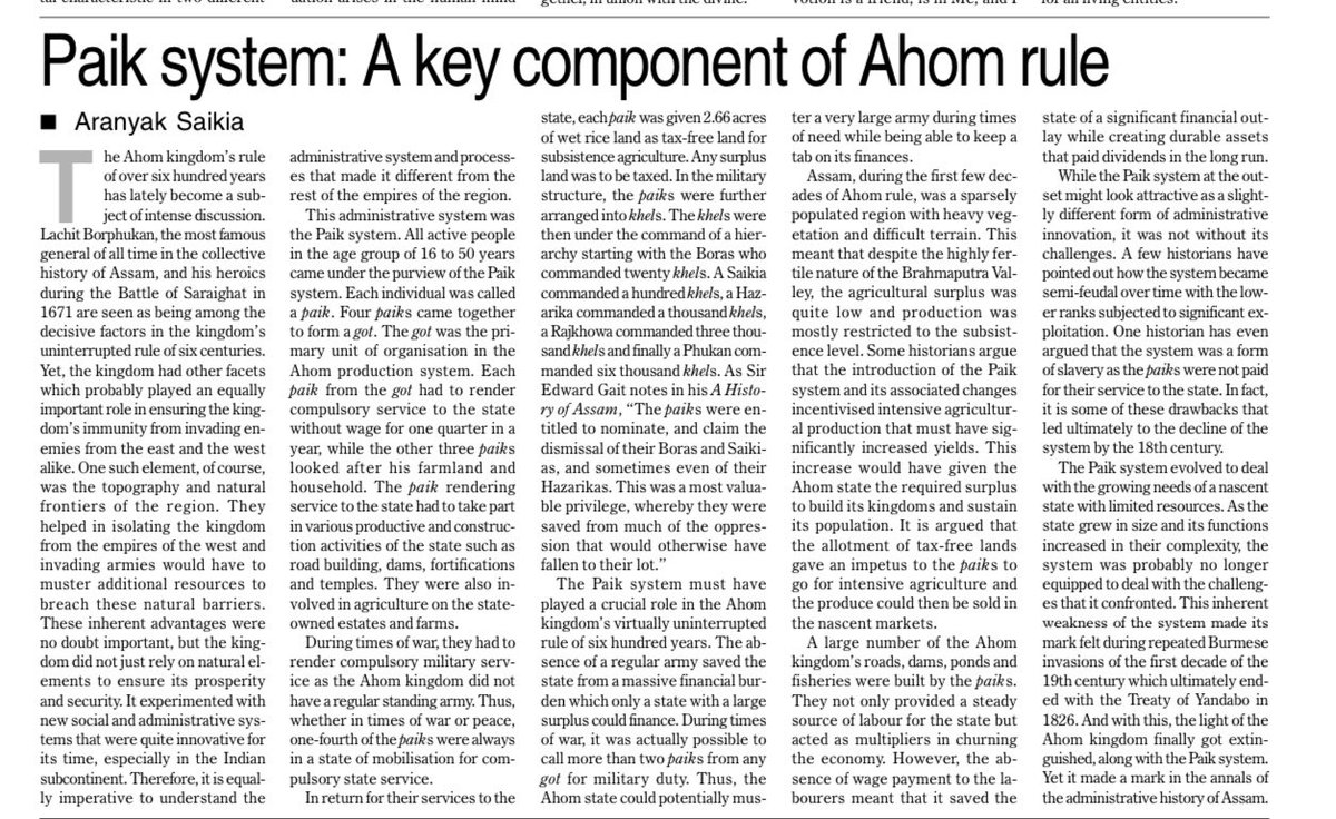 aranyaksaikia's tweet photo. A short write up of mine on the Ahom kingdom’s #paik system appeared in @assamtribuneoff today! Can take a look if it interests you. https://t.co/Ftrua0UKP5