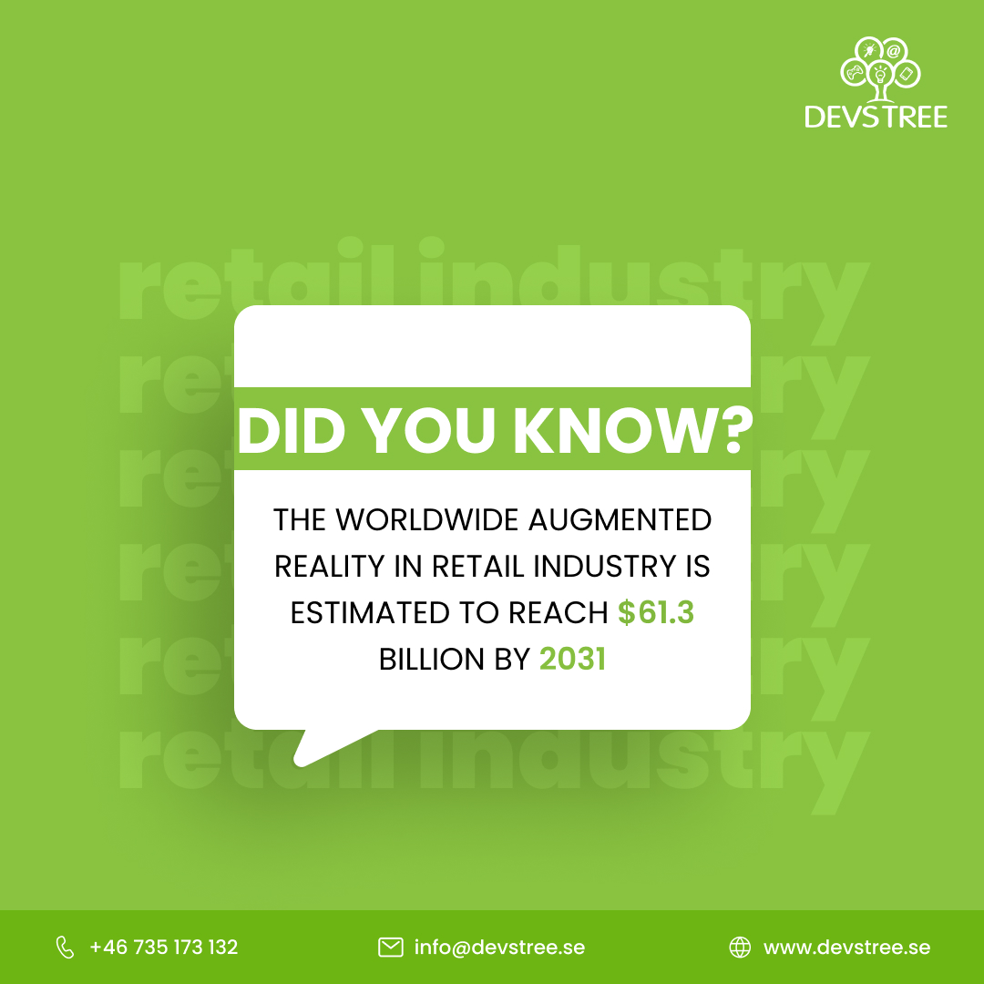 devstreesweden's tweet image. Can you believe that augmented reality in retail marketing is expected to reach $61.3 billion by 2031? 🚀

That’s a lot of growth!📈

#gamedevelopmentservices #gamedev #unity3Ddevelopment #2D3Dgamedev #ARDevelopment #VRDevelopment #ARServices #AugumentedReality #Devstee #Sweden
