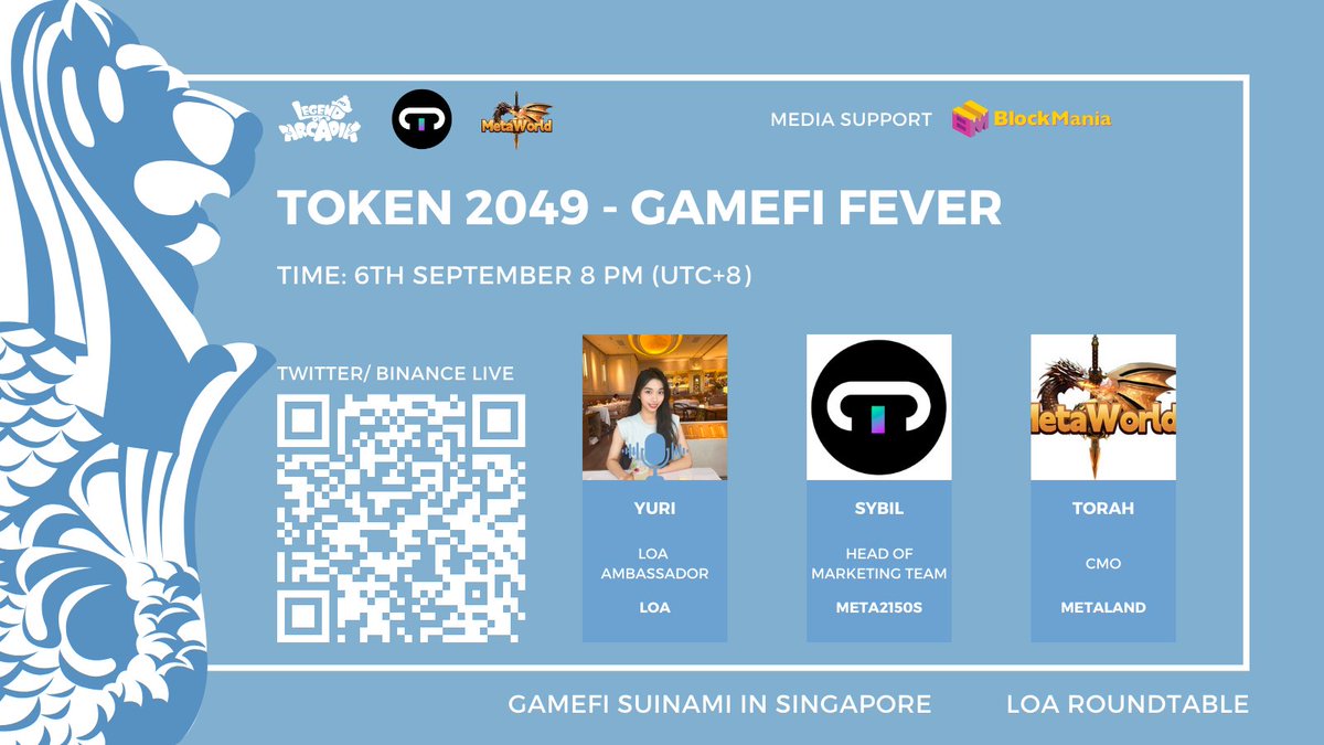 LegendofArcadia's tweet photo. 🎙#LOA_Roundtable: #TOKEN2049 - #GameFi Fever

🕐 9/6 8PM (UTC+8)

🔔 https://t.co/WhGuJ5Q3J2

🎙 @yuri_rosy 

✨ @Meta2150s @Meta__Land

✅RT, ❤️, Tag 3 friends
✅Comment with your questions https://t.co/y4NBNN6AFt