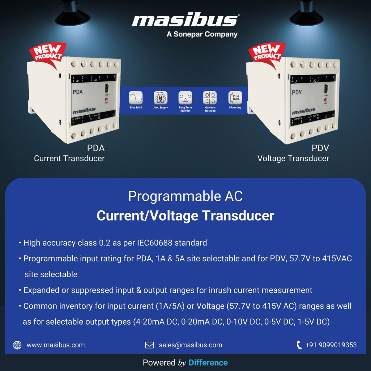masibusofficial's tweet photo. Introducing Programmable AC Current/Voltage Transducer. It brings unmatched precision and versatility to power monitoring and control.

The Masibus PDA / PDV is used to measure and convert AC current or voltage input into a load-independent DC current or voltage output signal. https://t.co/qy7aESUJWA