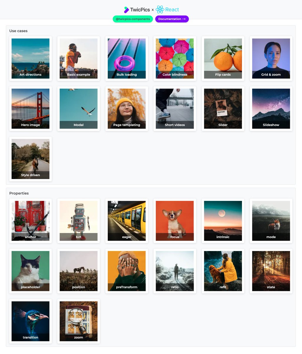 🧩 TwicPics <a href="/reactjs/">React</a> #Components are a drop-in replacement for <img> and <video> tags with optimized Cumulative Layout Shift, low-quality image placeholders, and lazy loading out of the box.

Documentation: 
twicpics.com/docs/component…

Demo: 
twicpics-react-demo.netlify.app
