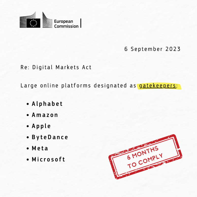 EU_Commission's tweet photo. The Digital Markets Act is in motion.

Today, we designated the first gatekeepers to prevent them from imposing unfair conditions on businesses and users ↓

→ Alphabet
→ Meta
→ Microsoft
→ Amazon
→ Apple
→ ByteDance

Core platform services that must comply with #DMA ↓
