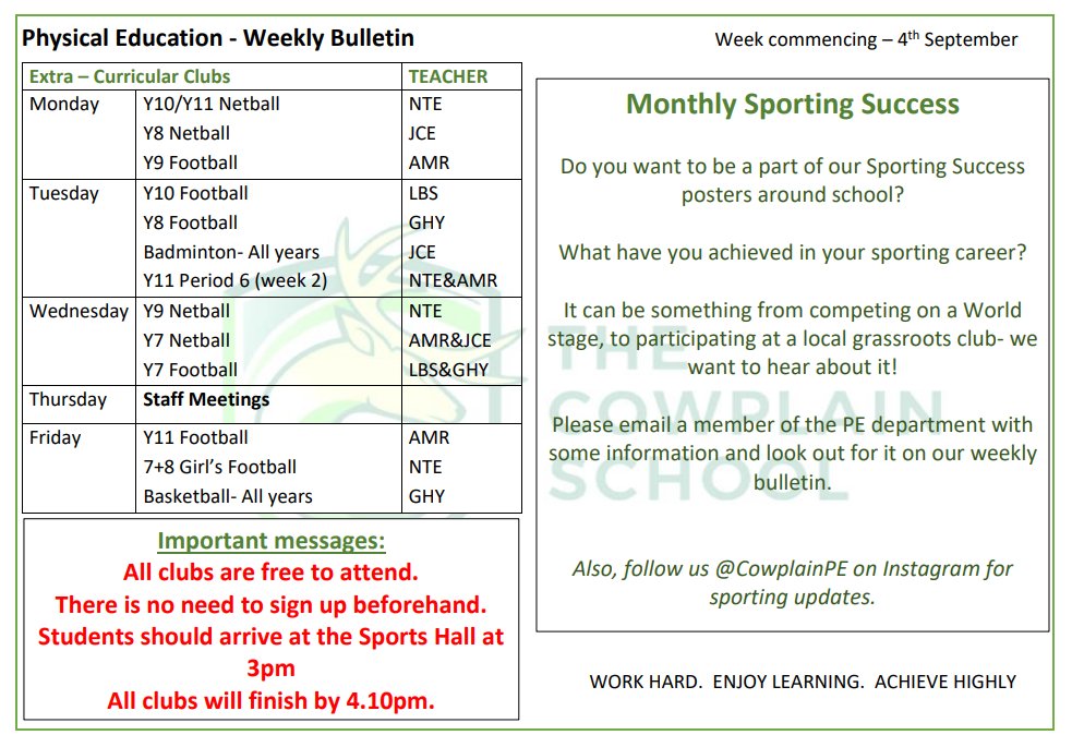 Our PE weekly bulletin - Monday 4th September 2023.