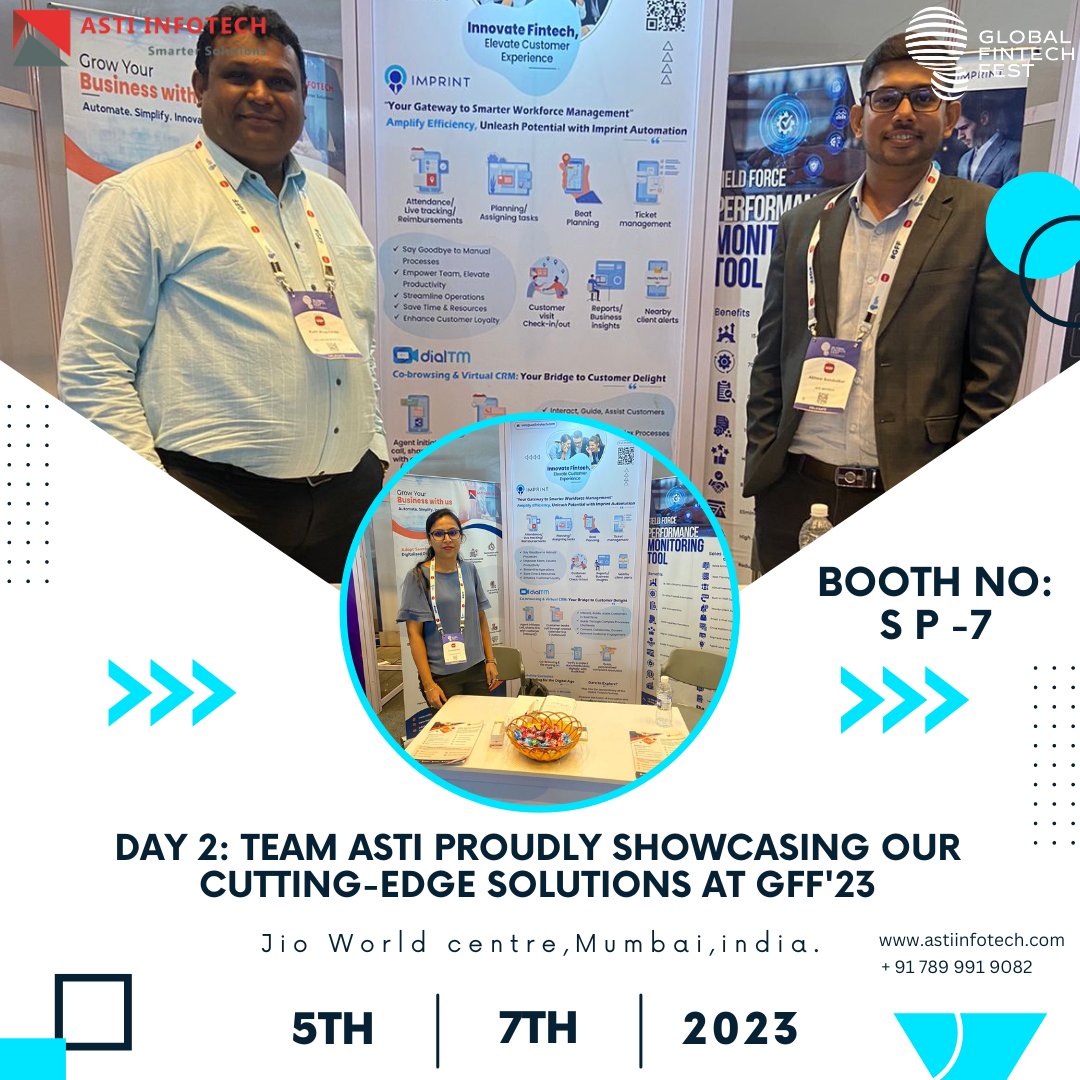 Astiinfotech's tweet photo. Join us at Booth SP-7, Global Fintech Fest 2023, to see Co-founder Sonal Malhotra and our sales team showcase SaaS solutions: Imprint, Co-Browsing, Virtual CRM, and Digital Onboarding with DialTM. #GFF2023 #SaaS #DialTM https://t.co/Ot8XZssPTZ