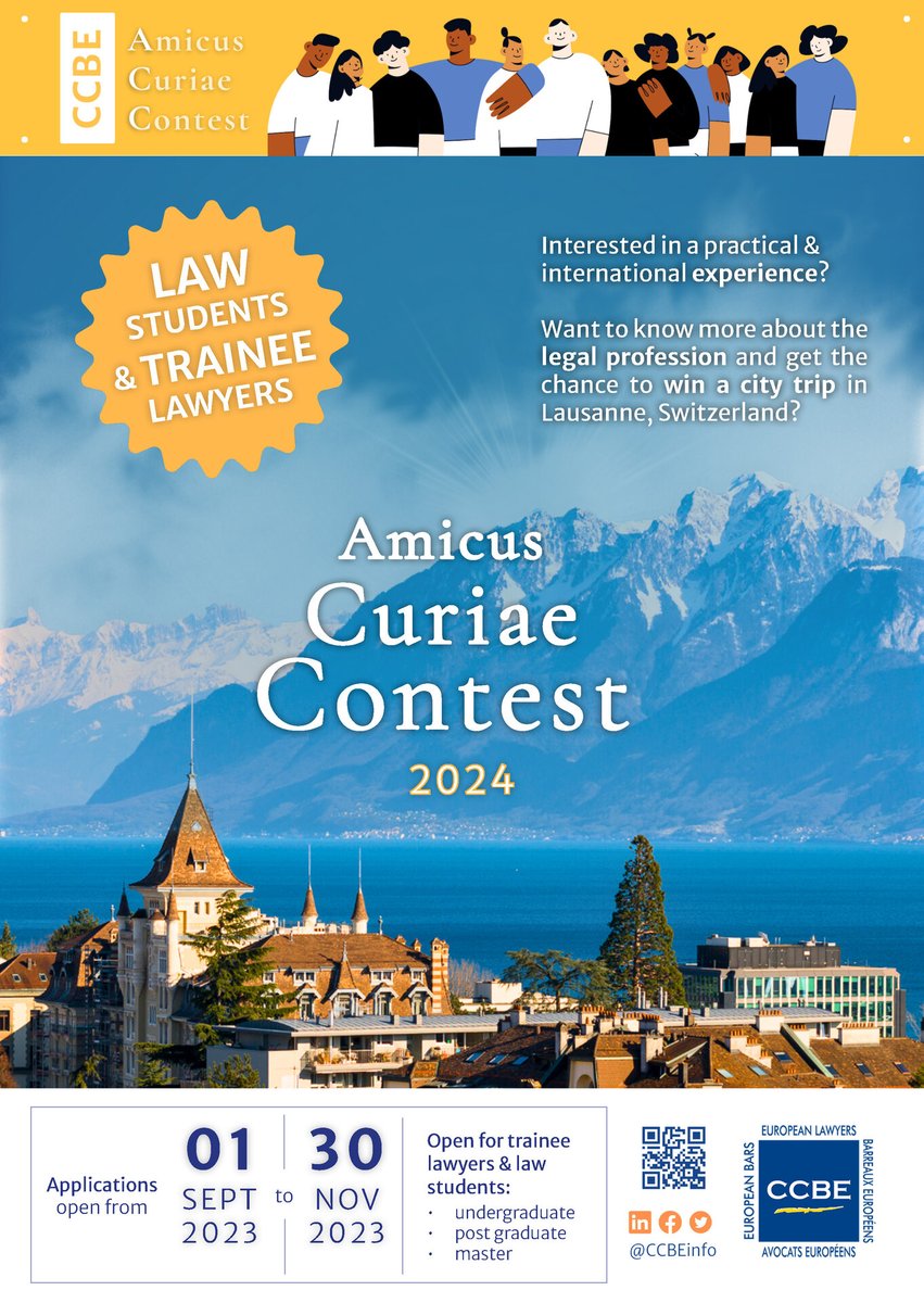 Pleased to share the launching of the <a href="/CCBEinfo/">CCBE</a> Amicus Curiae Contest 2024!
A valuable opportunity to gain practical experience for law students aspiring to become lawyers, and for trainee lawyers. Highly interesting for ELFA members &amp; students.
#CCBEACC