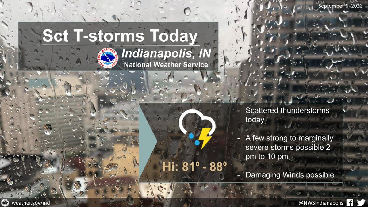 A cold front will move east across central Indiana late today and tonight. The front will interact with warm, moist and unstable air and trigger scattered thunderstorms. A few could produce marginally severe wind damage from 2-10 pm. #INwx #nwsind.