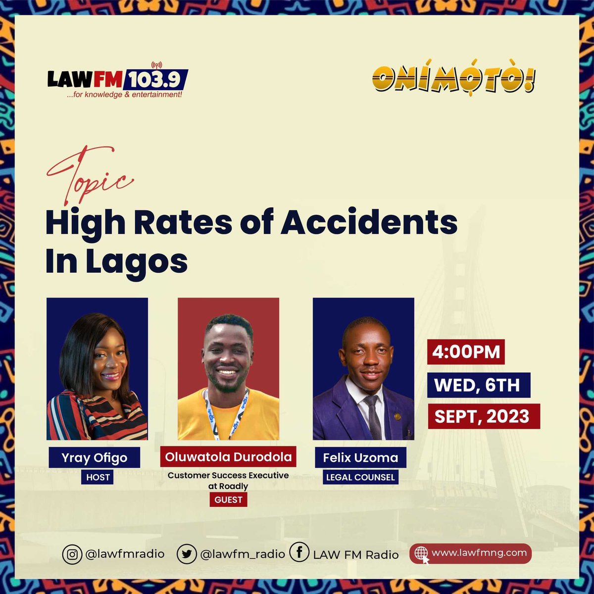 useroadly's tweet photo. 🚗 Join us on LawFM 103.9 as we tackle a pressing issue – the high rate of accidents in Lagos. 

Tune in to gain insights and help make our roads safer! 🎙️ 

#roadly
#Useroadly
#RoadSafety 
#LagosAccidents https://t.co/nw6opi9B3R