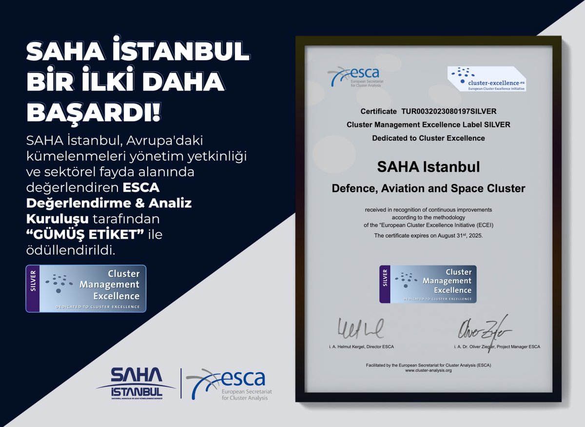 SAHA İstanbul bir ilki daha başardı...! SAHA İstanbul, Avrupa'daki kümelenmeleri yönetim yetkinliği ve sektörel fayda alanında değerlendiren ESCA Değerlendirme & Analiz Kuruluşu tarafından 'GÜMÜŞ' etiket ile ödüllendirildi. SAHA İstanbul böylelikle 400'den fazla kümelenme…