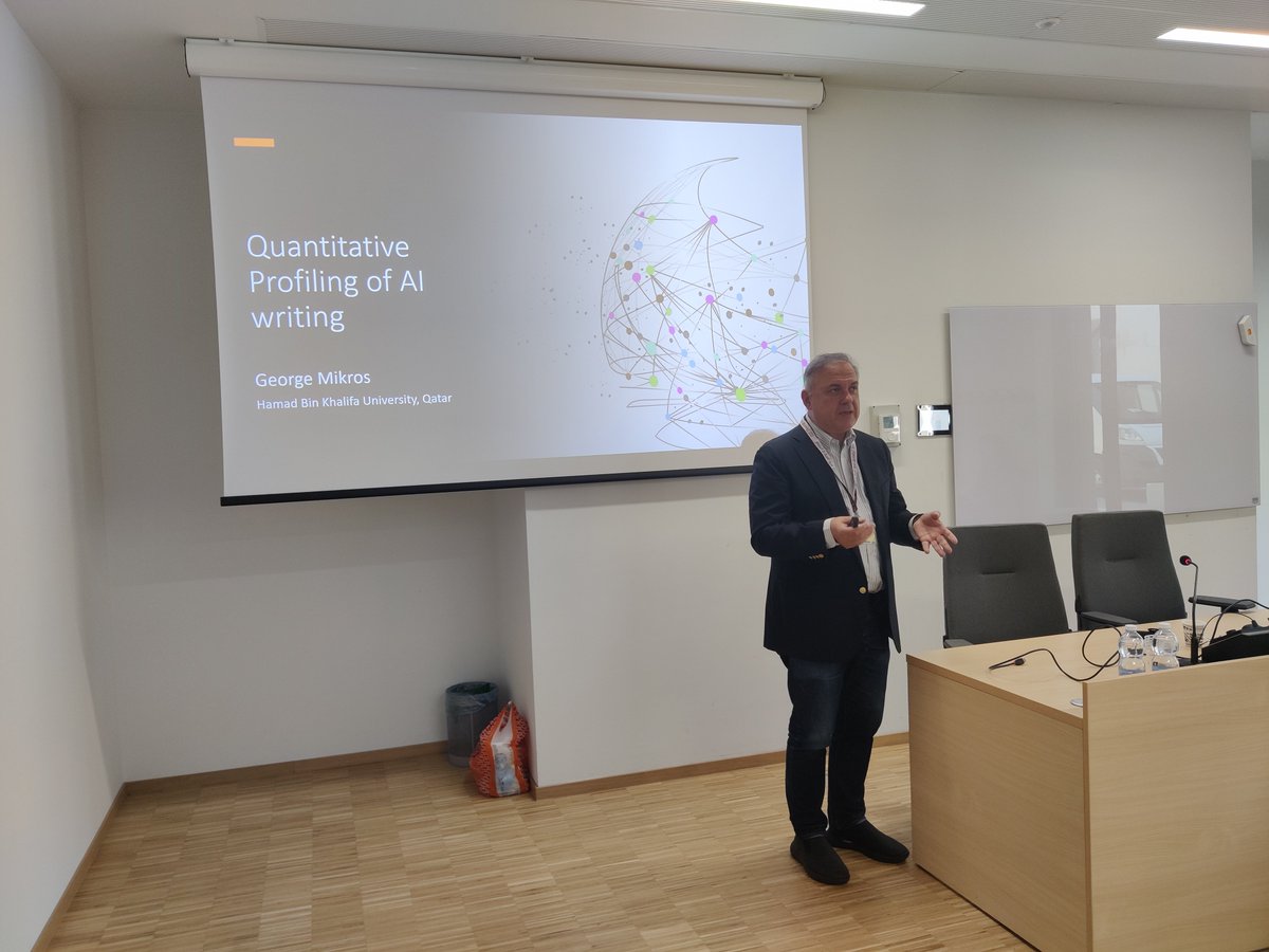 No better way to cross the first half of our School than witnessing a lecture from our longtime friend, the Great <a href="/gmikros/">George Mikros</a>, today presenting "Quantitative Profiling of AI writing". We are listening! ♥️🤩📖💻🤖