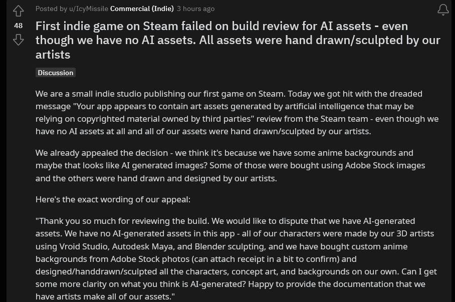 WaifuverseAI's tweet photo. Another steam game rejected for "AI" except they didnt use AI. If valve even has the suspicion of you using AI, they will reject.

Can you even really tell if somethings made by AI 100% of the time? https://t.co/DsQsPyRpKX