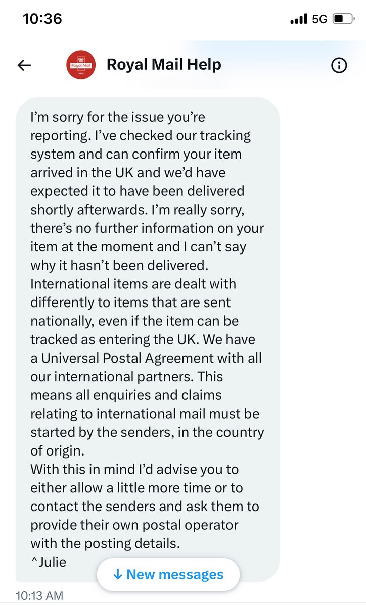 PeterWilhelmso1's tweet photo. @RoyalMailHelp In spite of our goods having been handed over to Royal Mail (“we’ve got it!?”), this is the response I just received. They  simply don’t care and are not even trying to work with customs. Blaming game, and total lack of accountability. Shame on you! https://t.co/YwmCIXLaBg