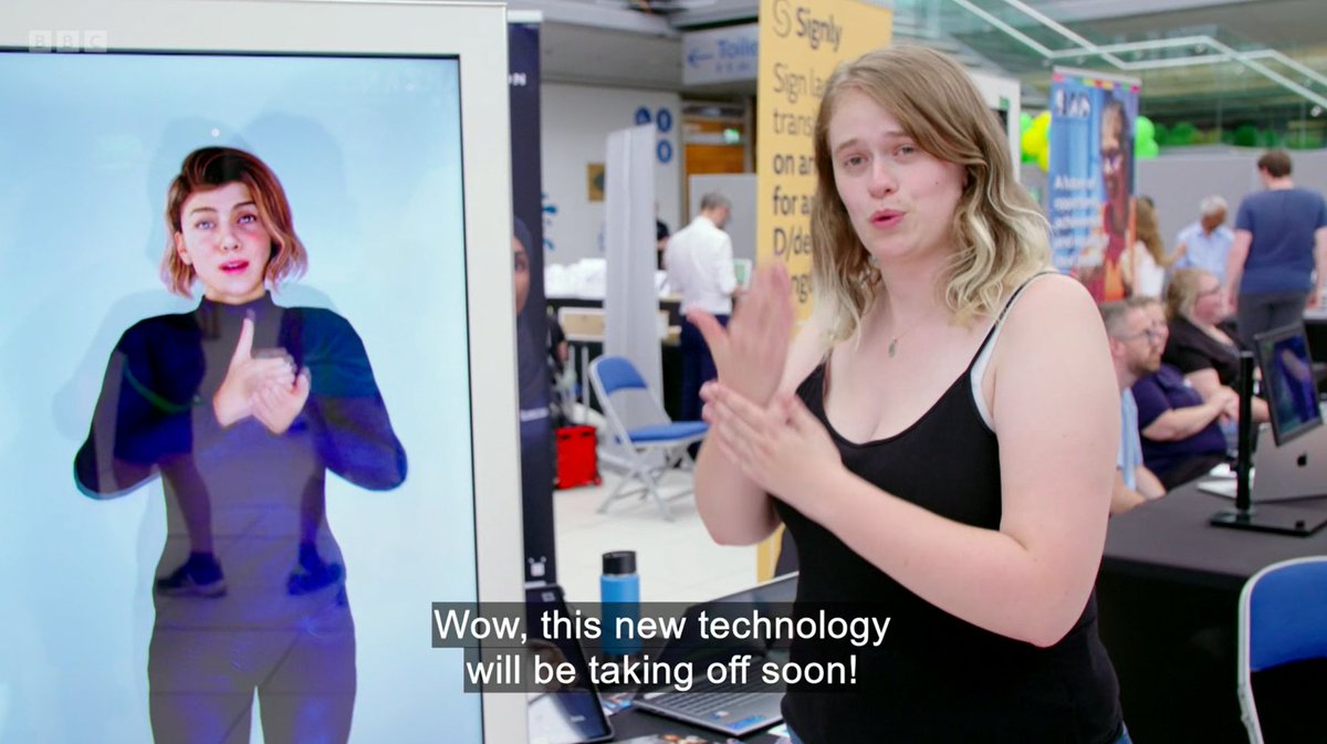 roboticaml's tweet photo. Lara Scott from @BBCSeeHear met Catherine Cooper at the #NorfolkDeafFestival earlier this year. They talked about #ArtificialIntelligence and discussed how our Cassie #Avatar can support #Deaf people with #BritishSignLanguage 
https://t.co/wz6zWgJd8u https://t.co/NxrQdUNSlK