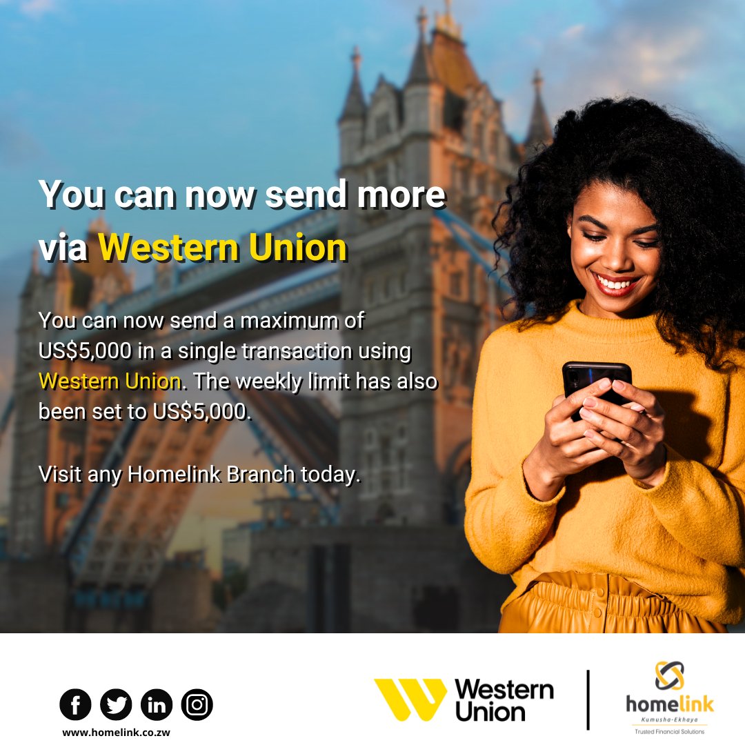 homelink_zim's tweet photo. Exciting news 😀🔊🔊

You can now send a maximum of US$5000 in a single transaction via Western Union!

The limits have been upgraded to US$ 5,000 weekly and up to US$ 20,000 monthly.

Send money today by visiting any of our branches nationwide! https://t.co/74ISdWohdr