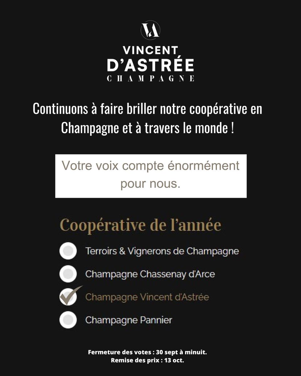 VincentdAstree's tweet photo. Bonjour Twitter ! 
Nous avons le plaisir de vous annoncer que notre Maison a été nominée dans la catégorie "Coopérative de l'année" aux @Trophées Champenois 2023, édité par le Bulles &amp; Millésimes Magazine @Champagne_Mag 
#Champagne #rentree2023 https://t.co/NzY0pUhJZC