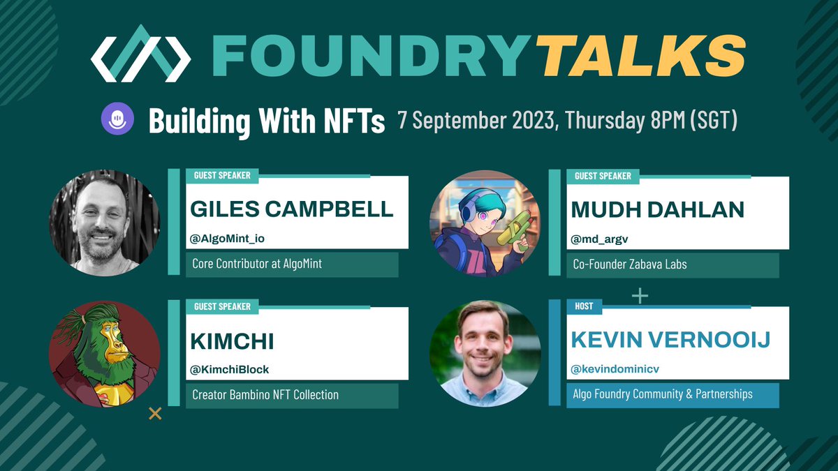 algo_foundry's tweet photo. ๐ Let's explore the future of Building with #NFTs together on #FoundryTalks tomorrow!
๐น Giles Campbell- Core Contributor at @AlgoMint_io
๐น @md_argv - Co-Founder Zabava Labs
๐น @KimchiBlock - Creator of @AlgoBambino #NFT Collection
https://t.co/XNyKmTxxeS https://t.co/zo4xKaynxw
