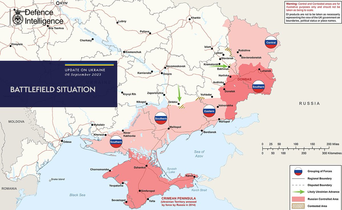 The illegal and unprovoked invasion of Ukraine is continuing. The map below is the latest Defence Intelligence update on the situation in Ukraine– 6 September 2023. Find out more about Defence Intelligence's use of language: ow.ly/GkE150PIcwa #StandWithUkraine 🇺🇦