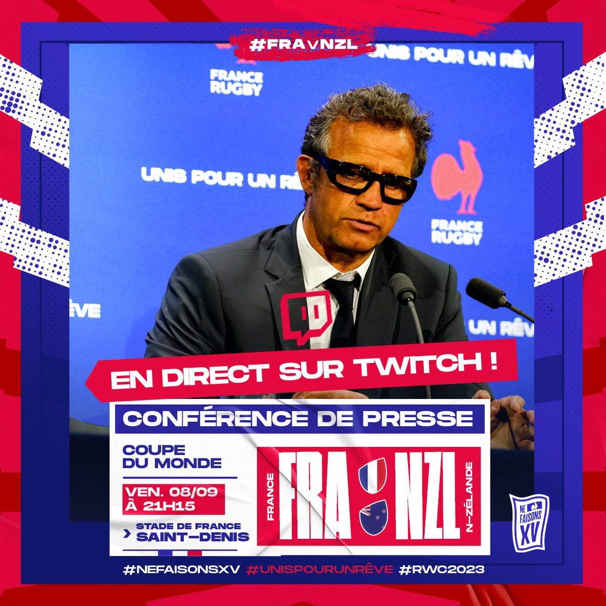 FranceRugby's tweet photo. 🟪 𝐍𝐎𝐔𝐒 𝐒𝐎𝐌𝐌𝐄𝐒 𝐄𝐍 𝐋𝐈𝐕𝐄 !
@FGalthie va annoncer la composition du #XVdeFrance pour le match d'ouverture de la Coupe du Monde contre les @AllBlacks !

🎥 https://t.co/T7WqOYK8hg

#UnisPourUnRêve #NeFaisonsXV #RWC2023 https://t.co/hElfJBehfo