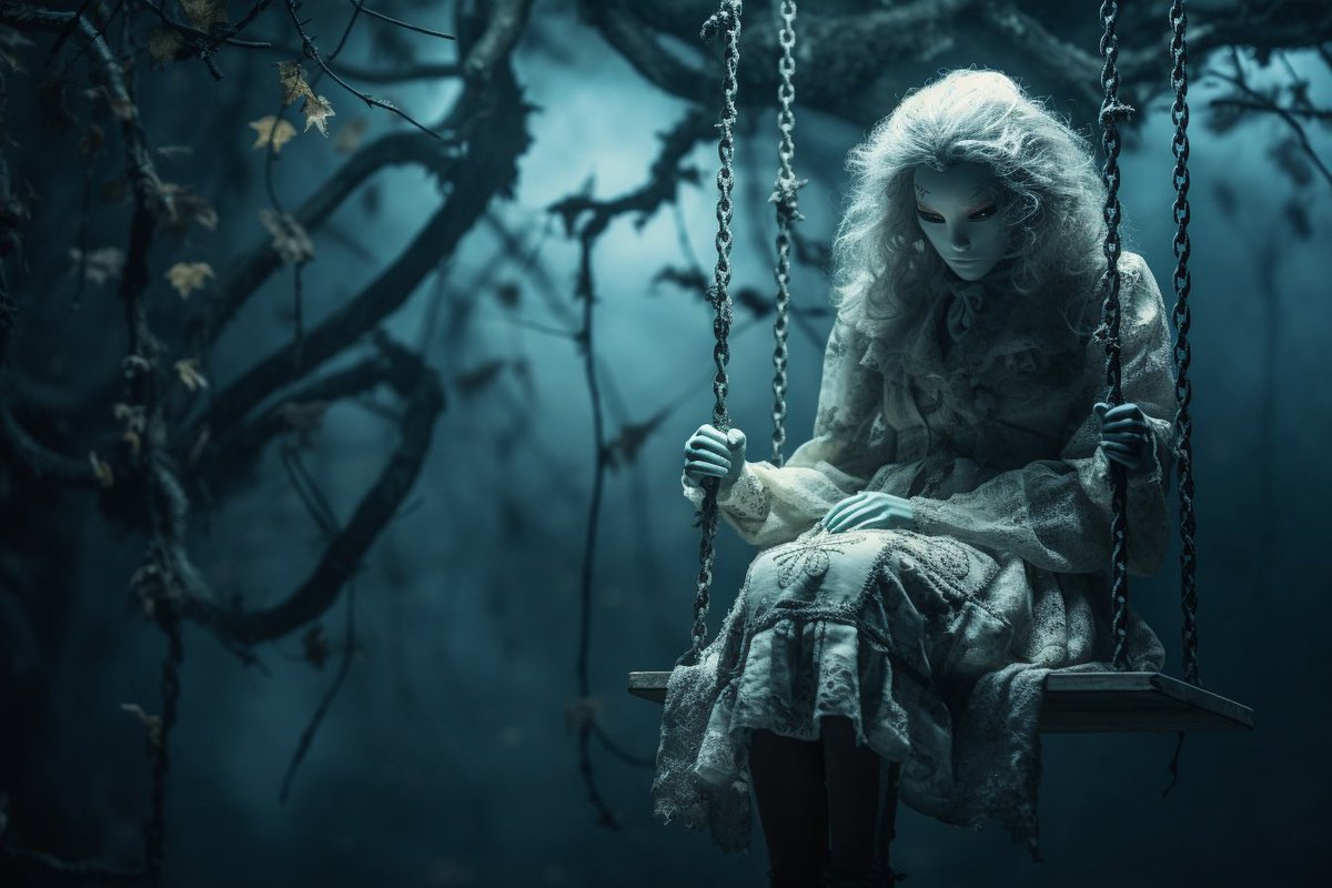 JackBlacklense's tweet photo. In the grasp of twilight’s breath, a specter sways, ensnared between beauty’s elegance and night’s despair. 

Colours once vibrant now whisper of forgotten tales. 

In the murk, something waits - a fleeting secret. 

Will you dare to feel its presence? 

🌙🖤 

#ShadowsWithin #AIart #midjourney
