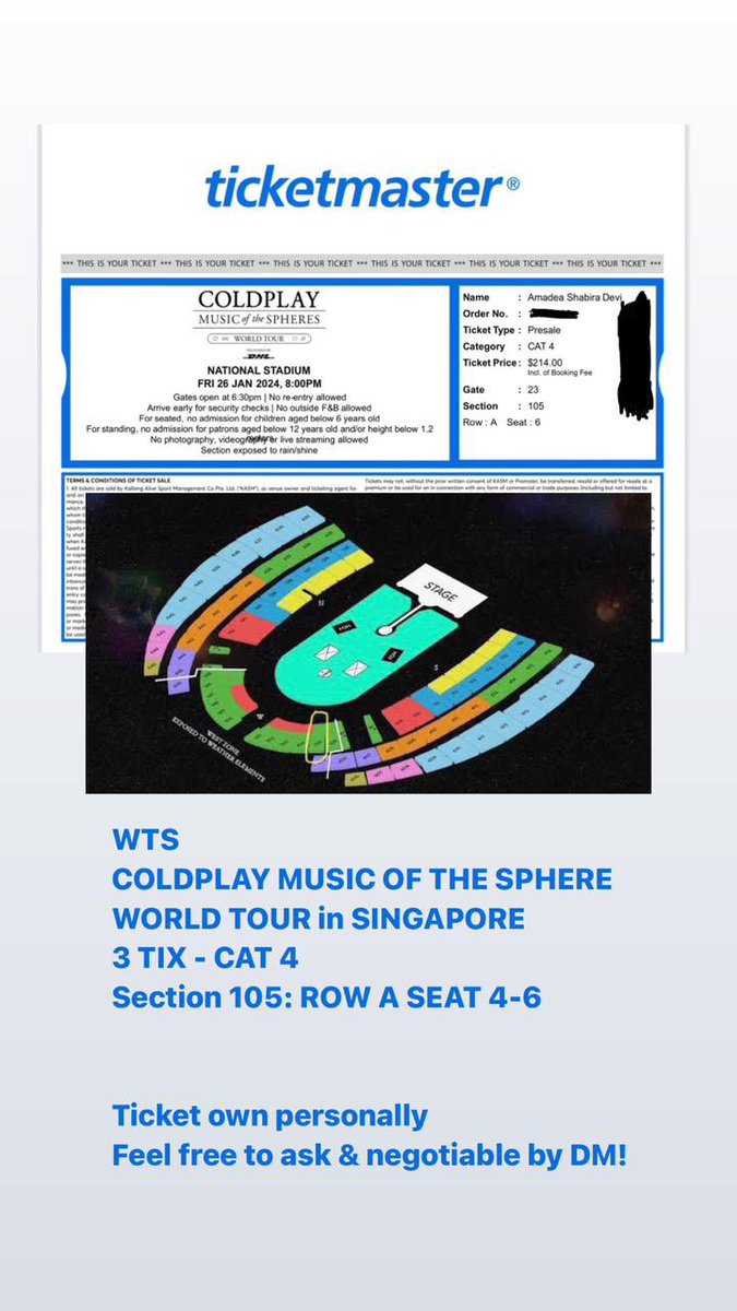 ekkaof's tweet photo. WTS
COLDPLAY MUSIC OF THE SPHERE  WORLD TOUR in SINGAPORE
3 TIX - CAT 4
Section 105: ROW A SEAT 4-6

Ticket own personally
Feel free to ask &amp; negotiable by DM! https://t.co/hFKpTNeEES