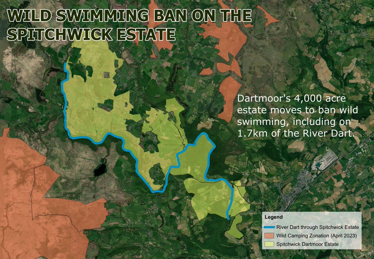 🏊‍♀️🚫The Spitchwick Estate on Dartmoor has this week 'banned' swimming across it's *entire* 4,000 acre estate  - which includes 1.7km of the River Dart. 

For generations, people have swum here. 

Now, at the drop of a wealthy landowner's hat, we are outlaws in our own river🧵1/