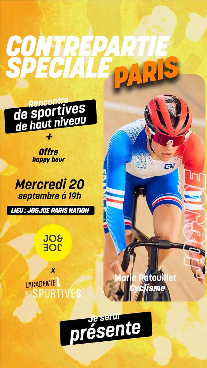 🥂[Contrepartie spéciale #4 - Paris] 
Apéritif Rooftop / Rencontre de sportives de haut niveau à Paris !!!

Venez rencontrer des Sportives de Haut Niveau préparant les JO, sur le Rooftop du JO&amp;JOE - Paris Nation.

➡️ Lien inscription obligatoire : helloasso.com/associations/l…