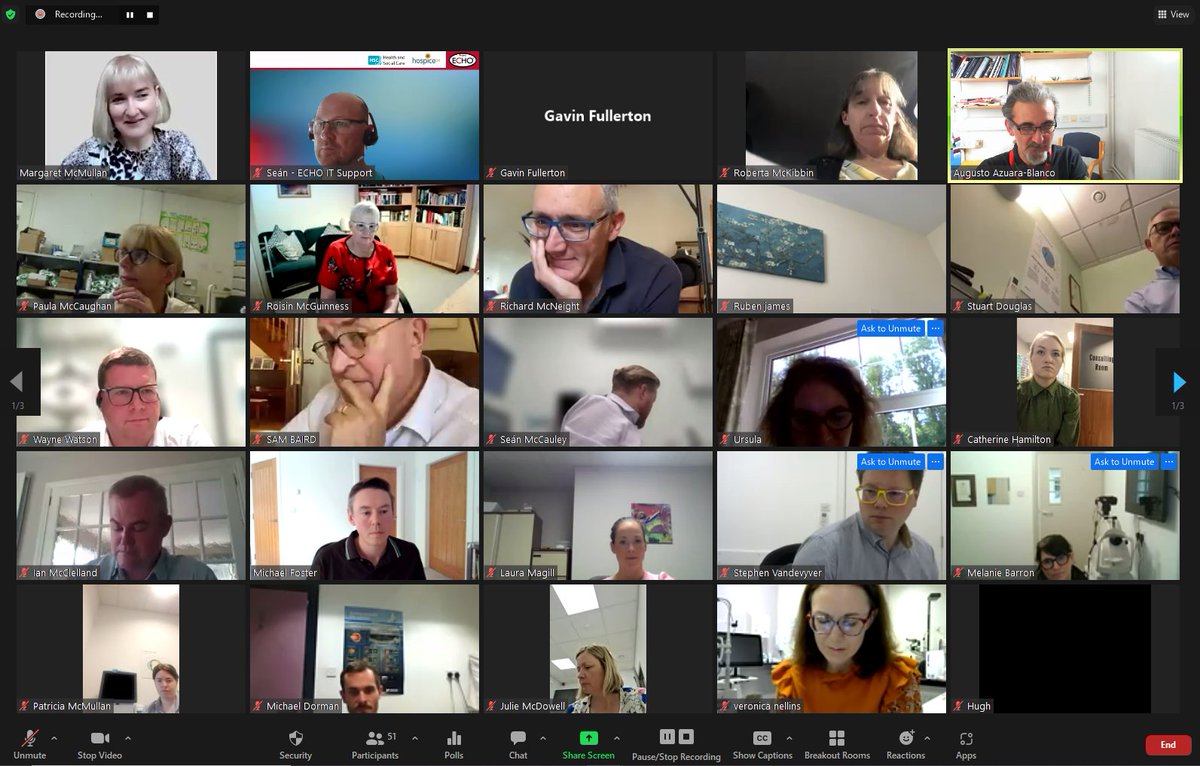 NIProjectECHO's tweet photo. Great first session back after summer break big thanks  to our Optometry Network .  Thanks to our presenters Prof Augusto Azuara-Blanco, Ian McClelland and Michael Foster. @ProjectECHO @DrMaxWatson @HSC_NI @hospiceuk @raymondcurran https://t.co/AbOXE0e91z