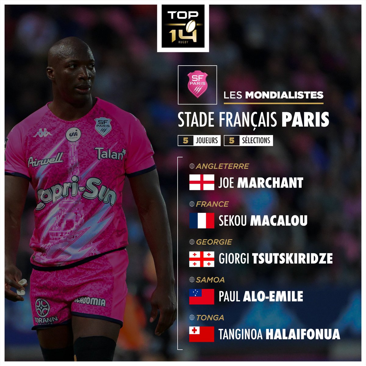Découvre les mondialistes du @SFParisRugby 🌸⚡️ Qui ira le plus loin dans la compétition ? 🏆 #TOP14 #RugbyWorldCup