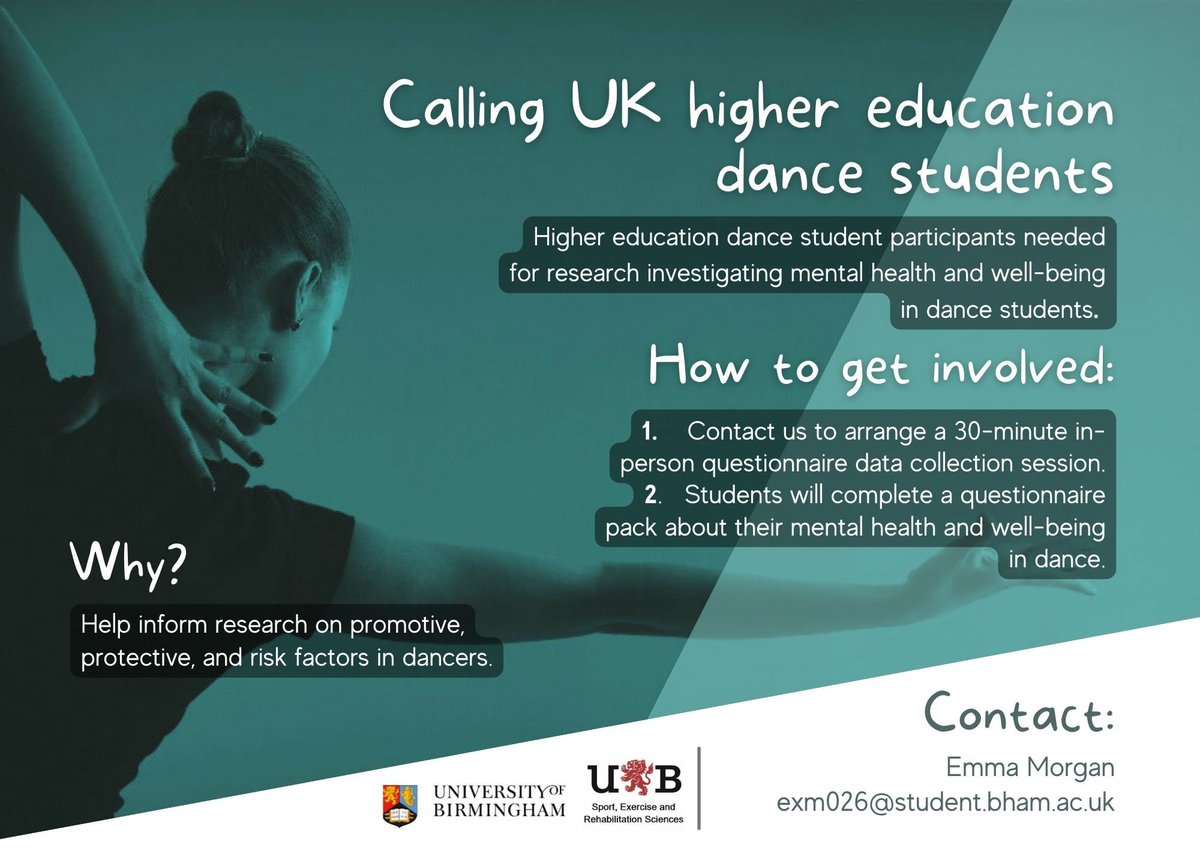 Research participation opportunity 🩰 ⬇️⬇️ We are looking for groups of HE dance students to take part in our study about mental health and well-being in dance this semester. @drjenncumming, @Mary_q6, @DancePsychSanna Get in touch with Emma: exm026@student.bham.ac.uk