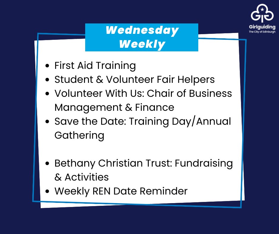📨 Check your email or the #GirlguidingEdinburgh Adult Members Page for more details.

#FirstAid #training #VolunteerFair #volunteer #BusinessManagement #Finance #SaveTheDate #TrainingDay #AnnualGathering #BethanySleepout #fundraising #REN #GirlguidingEdinburgh #Girlguiding