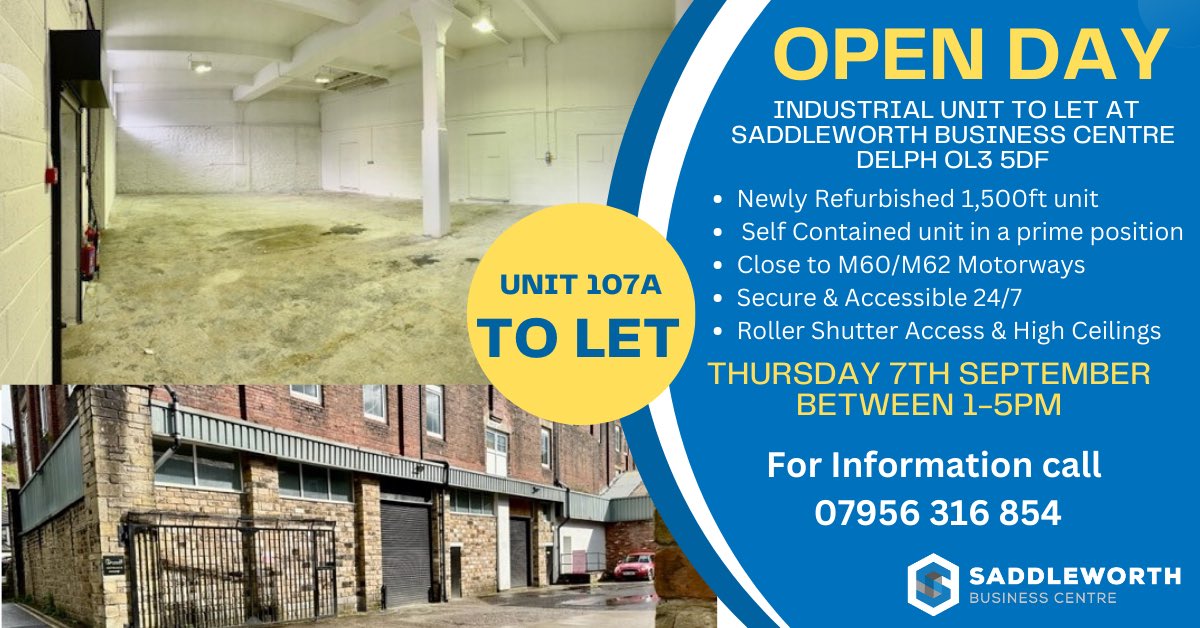 SBCDelph's tweet photo. Looking for an #industrialunit in #oldham ?

Our newly refurbished 1,500ft unit is now ready ☺️

📍Prime Location 
📍Self Contained 
��Roller Shutter Access 
📍Secure Site 
📍Accessible 24/7 

Want to view it ? See below 👇🏼

@Oldham_Hour #oldhambusiness #tameside #property #rent https://t.co/kexu2iuUml