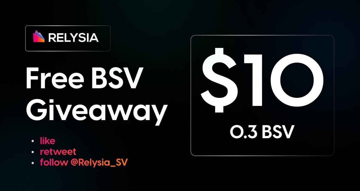 Exciting 0.3 #BitcoinSV ($10) Giveaway! Want to be the lucky winner? 

Simply LIKE, RETWEET, and FOLLOW us <a href="/Relysia_SV/">Relysia</a>! Winner to be announced this Friday.

Make sure to comment with your Relysia paymail address. Get in on the action now! 

#BSV #currency #giveaway #blockchain