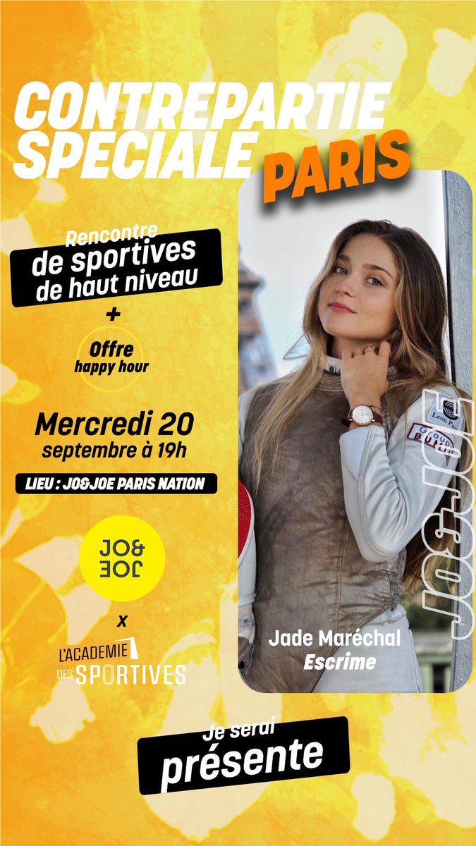 🥂[Contrepartie spéciale #4 - Paris] 
Apéritif Rooftop / Rencontre de sportives de haut niveau à Paris !!!

Venez rencontrer des Sportives de Haut Niveau préparant les JO, sur le Rooftop du JO&amp;JOE - Paris Nation.

➡️ Lien inscription obligatoire : helloasso.com/associations/l…