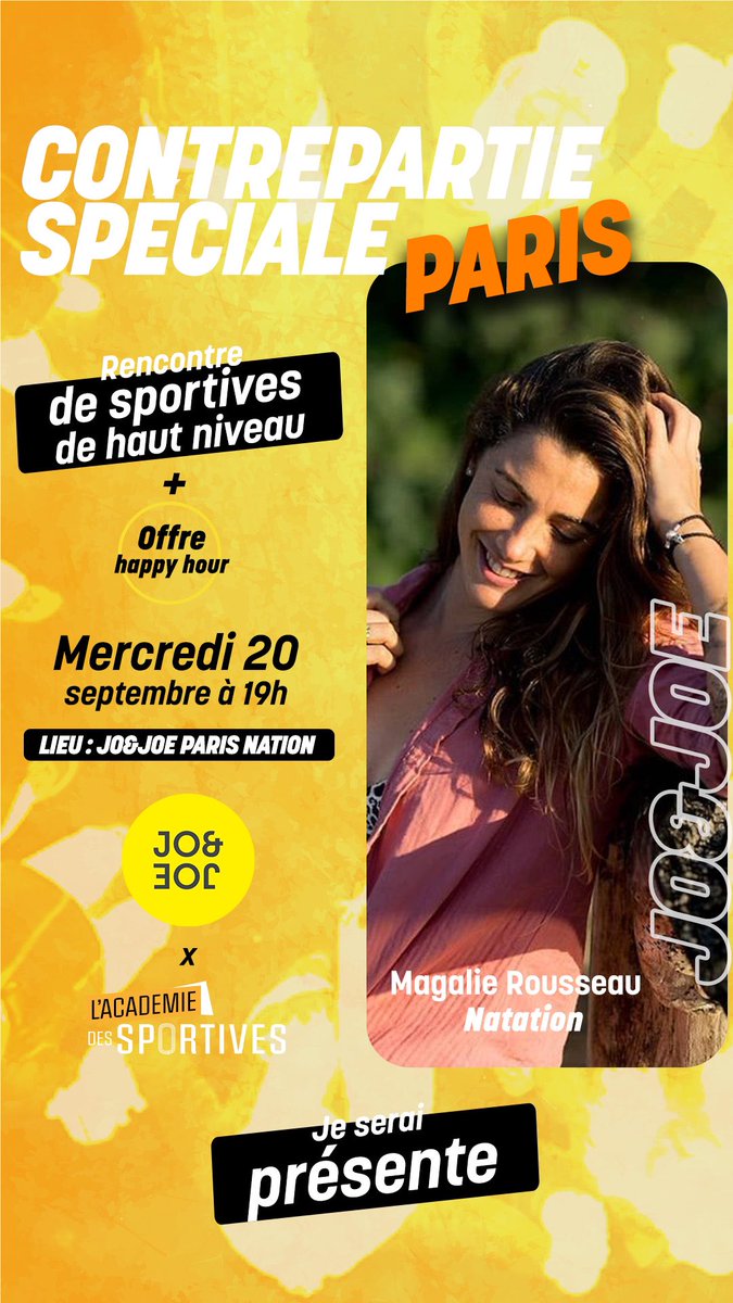 🥂[Contrepartie spéciale #4 - Paris] 
Apéritif Rooftop / Rencontre de sportives de haut niveau à Paris !!!

Venez rencontrer des Sportives de Haut Niveau préparant les JO, sur le Rooftop du JO&amp;JOE - Paris Nation.

➡️ Lien inscription obligatoire : helloasso.com/associations/l…