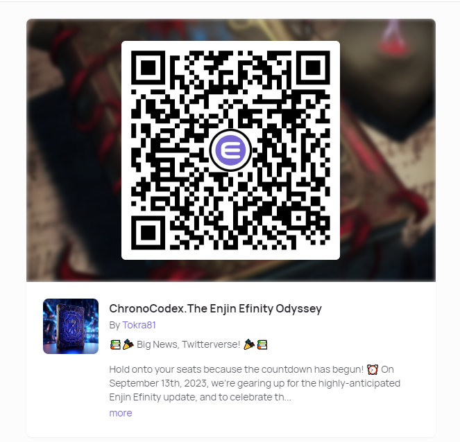 toka2204's tweet image. 📚🎉 Big news, Twitterverse! 🎉📚

Keep your seats because the countdown has started! ⏰ On September 13th, 2023 we are preparing for the highly anticipated #Enjin #Efinity update and to celebrate this epic moment we are releasing 1000 FREE BOOKS via QR code!

These are no…