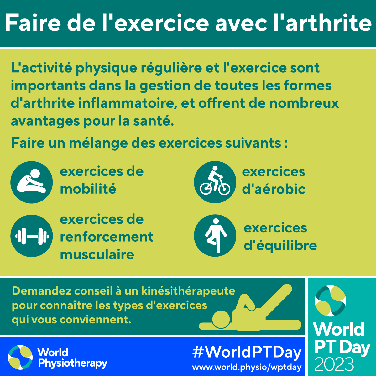 WorldPhysio1951's tweet photo. Good luck to everyone celebrating #WorldPTDay on 8 Sept! We can’t wait to see your photos and posts! 
Download graphics in English, French, Spanish to share on social media
English
https://t.co/38hPOTO5DL
French
https://t.co/vLPkTa81Mz
Spanish
https://t.co/MVLTmM2ShK https://t.co/NAtTqqX2bQ