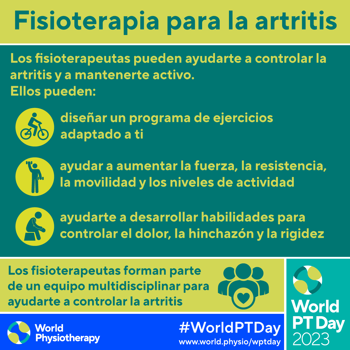 WorldPhysio1951's tweet photo. Good luck to everyone celebrating #WorldPTDay on 8 Sept! We can’t wait to see your photos and posts! 
Download graphics in English, French, Spanish to share on social media
English
https://t.co/38hPOTO5DL
French
https://t.co/vLPkTa81Mz
Spanish
https://t.co/MVLTmM2ShK https://t.co/NAtTqqX2bQ