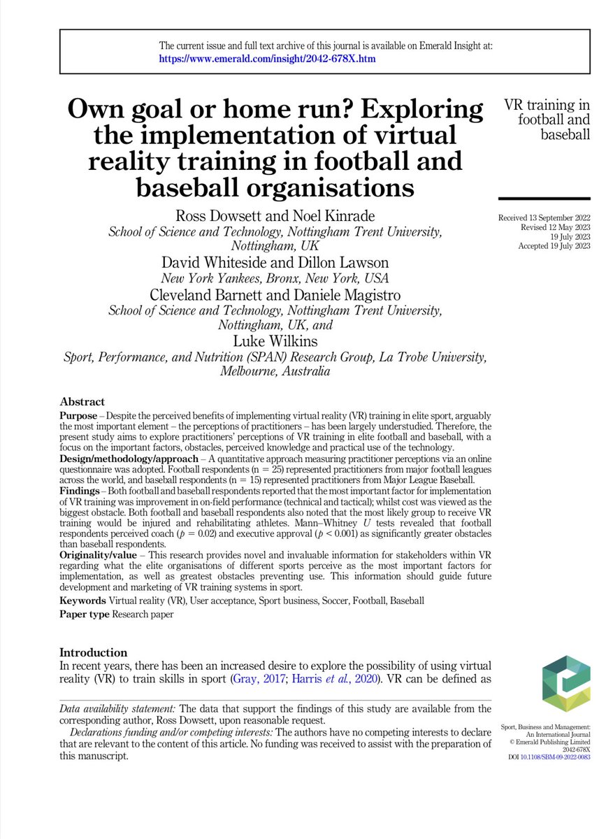 FPL__Raptor's tweet photo. Just had my first paper published as lead author during my PhD, which is a very nice feeling.

My PhD is in Sport Psychology, exploring the role of virtual reality training in elite sport, mainly in the Premier League. 

Just thought I’d share the achievement with you all 💪🏼❤️ https://t.co/oURkGp9JZn