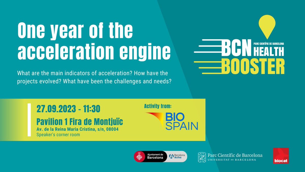 #BCNHealthBooster és el programa d'acceleració per #startups de #salut dirigit per <a href="/bcn_ajuntament/">Ajuntament de Barcelona</a> <a href="/PCB_UB/">Parc Científic de Barcelona</a> <a href="/barcelonactiva/">Barcelona Activa</a> i #Biocat

🚀 En #BIOSPAIN2023, <a href="/OnaTherapeutics/">Ona Therapeutics</a> <a href="/mimarkdx/">MiMARK Diagnostics</a> i <a href="/aptadel/">AptadelTx</a> compartiran la seva experiència com a participants el 2022.

➕ tuit.cat/VDq57