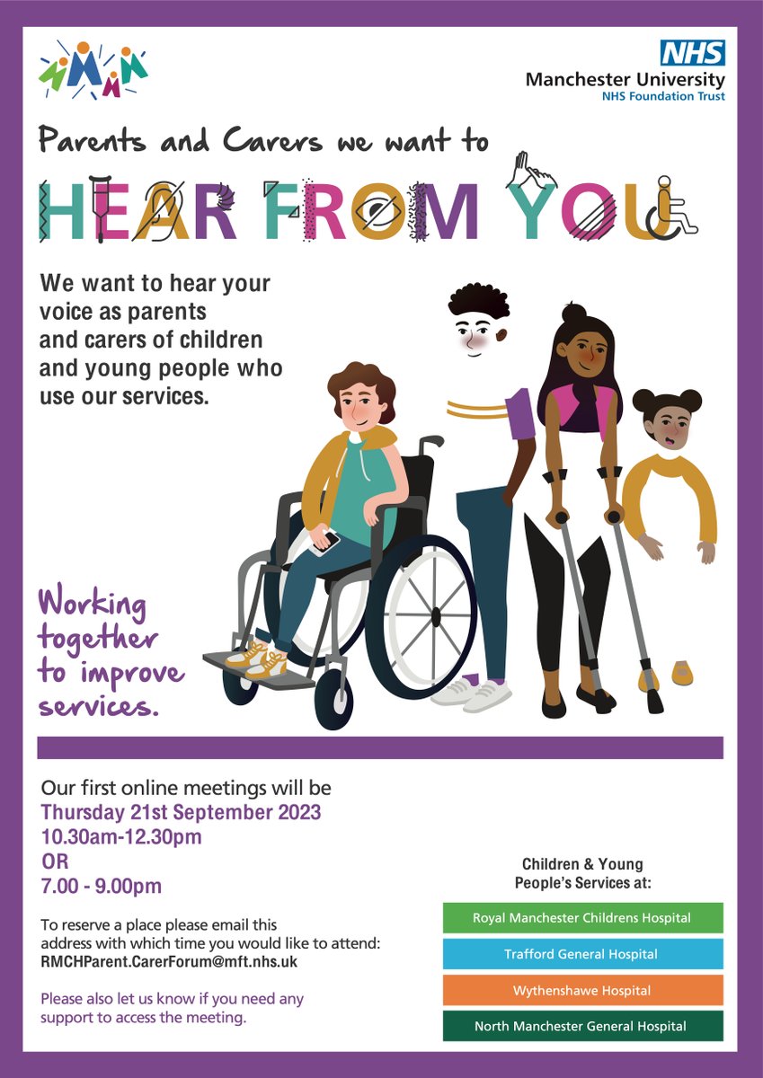 Is your child accessing children's services at Wythenshawe Hospital? We want to know ‘what is important to you and your child whilst in hospital’. Read the information below to sign up for our first parent and carer forum. ⬇️ #Wythenshawe #Manchester #MFT
