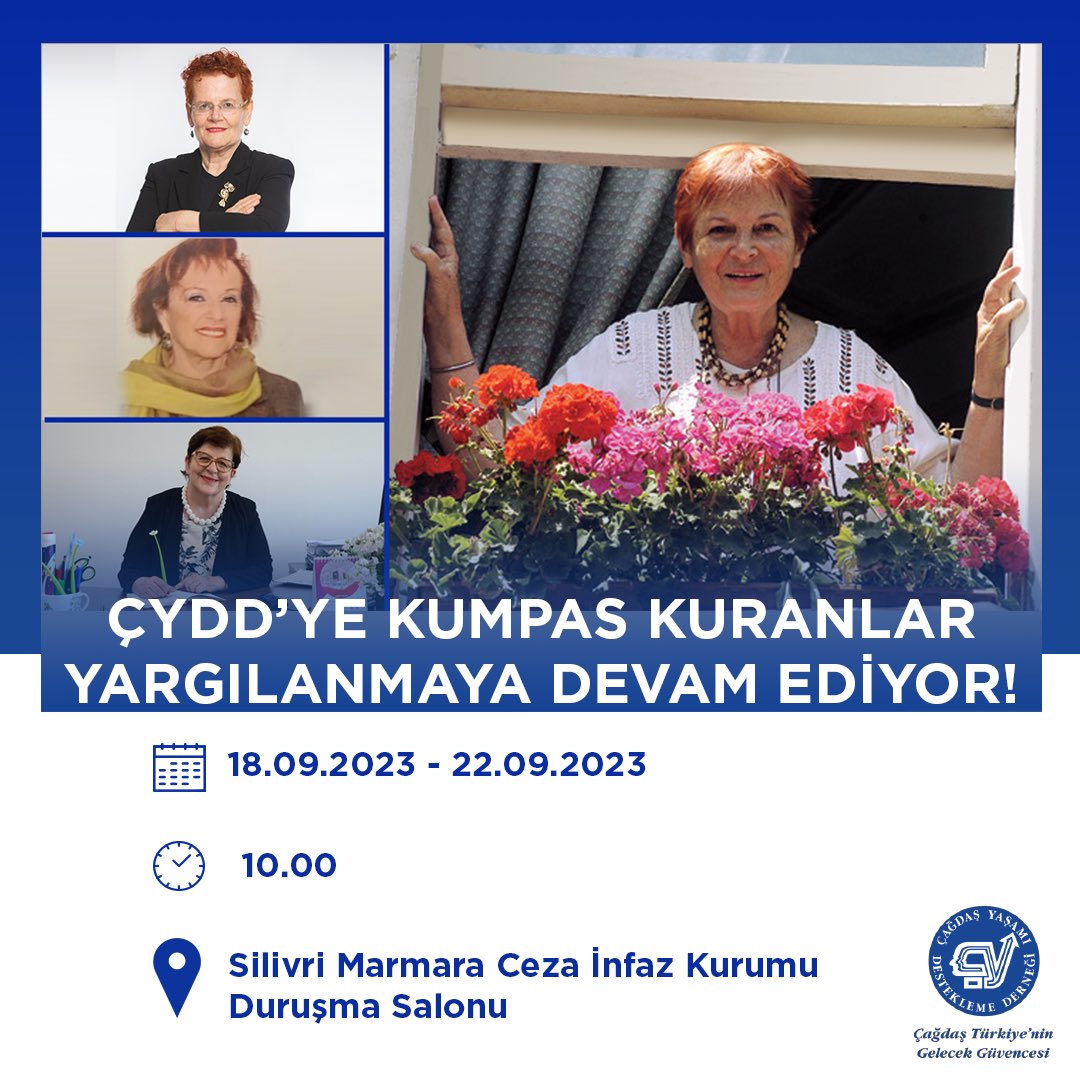 ÇYDD'ye kumpas kuranlar yargılanmaya devam ediyor! Tarih: 18.09.2023 - 22.09.2023 Saat: 10.00 Yer: Silivri Marmara Ceza İnfaz Kurumu Duruşma Salonu