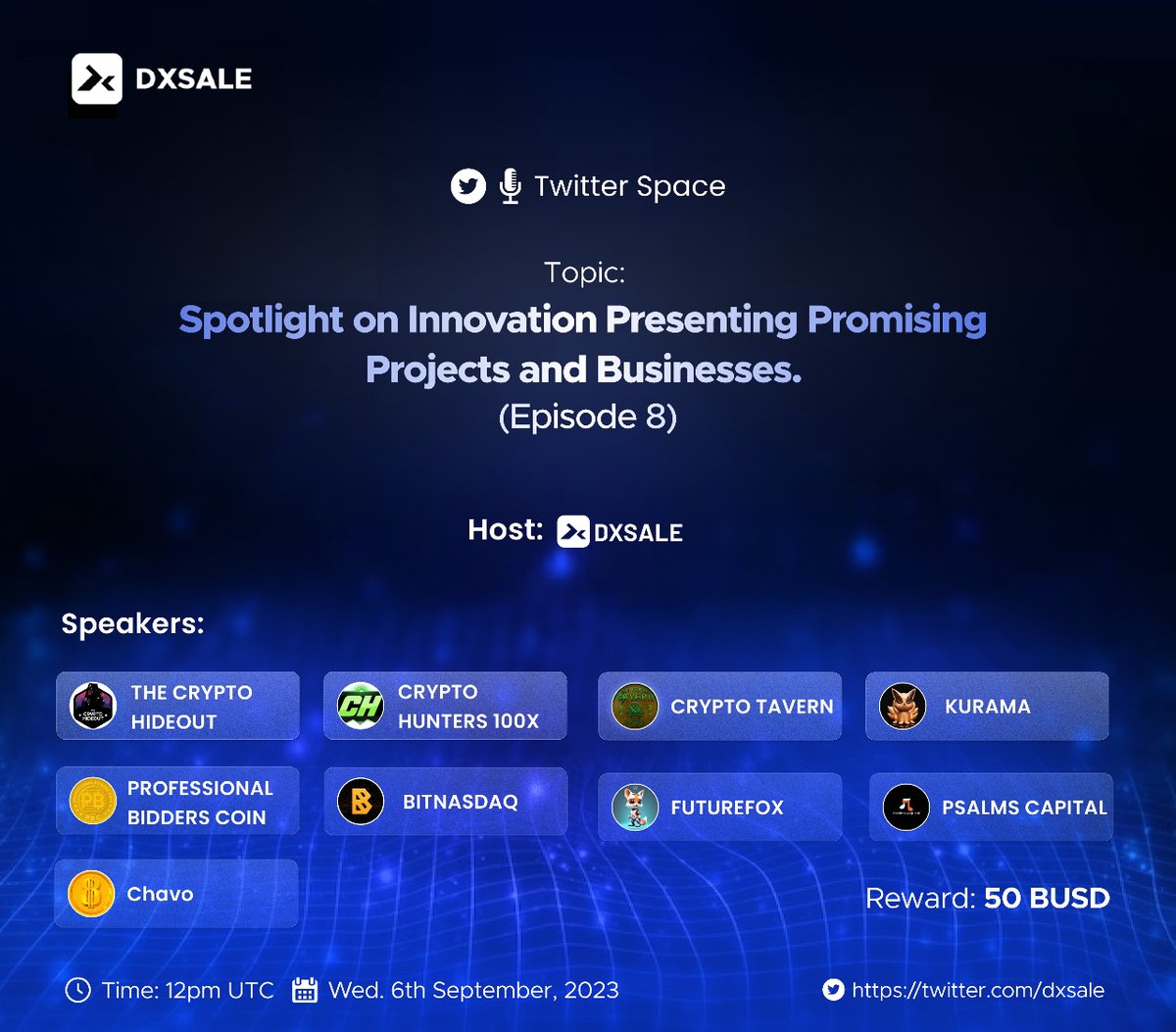 📣 2 HOURS TO GO 🚨

Join us TODAY to discuss #crypto 🚀

🗓️ Today, 2023
⏰ 12:00 pm UTC
⏳ 1 Hour

📍 x.com/i/spaces/1eaJb…

$50 $BUSD to the most engaging listener! 💰👀

#Defi #Giveaway #TwitterSpace