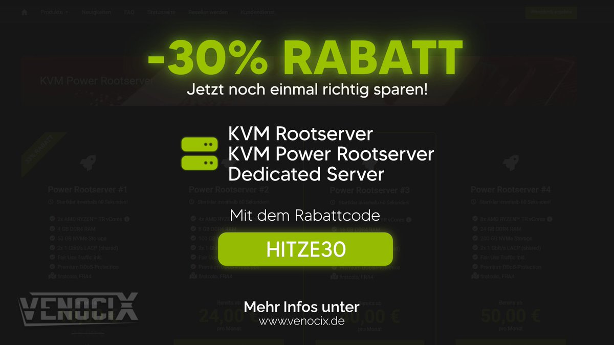 Heiß auf ein unschlagbares Angebot? Ab sofort erhältst du 30% Rabatt auf unsere erstklassigen Server!

Verwende den Code #HITZE30 und sichere dir die besten Hosting-Lösungen für deine Bedürfnisse. 

➡️Jetzt zuschlagen: venocix.de

#Hosting #Rabatt #SommerDeal