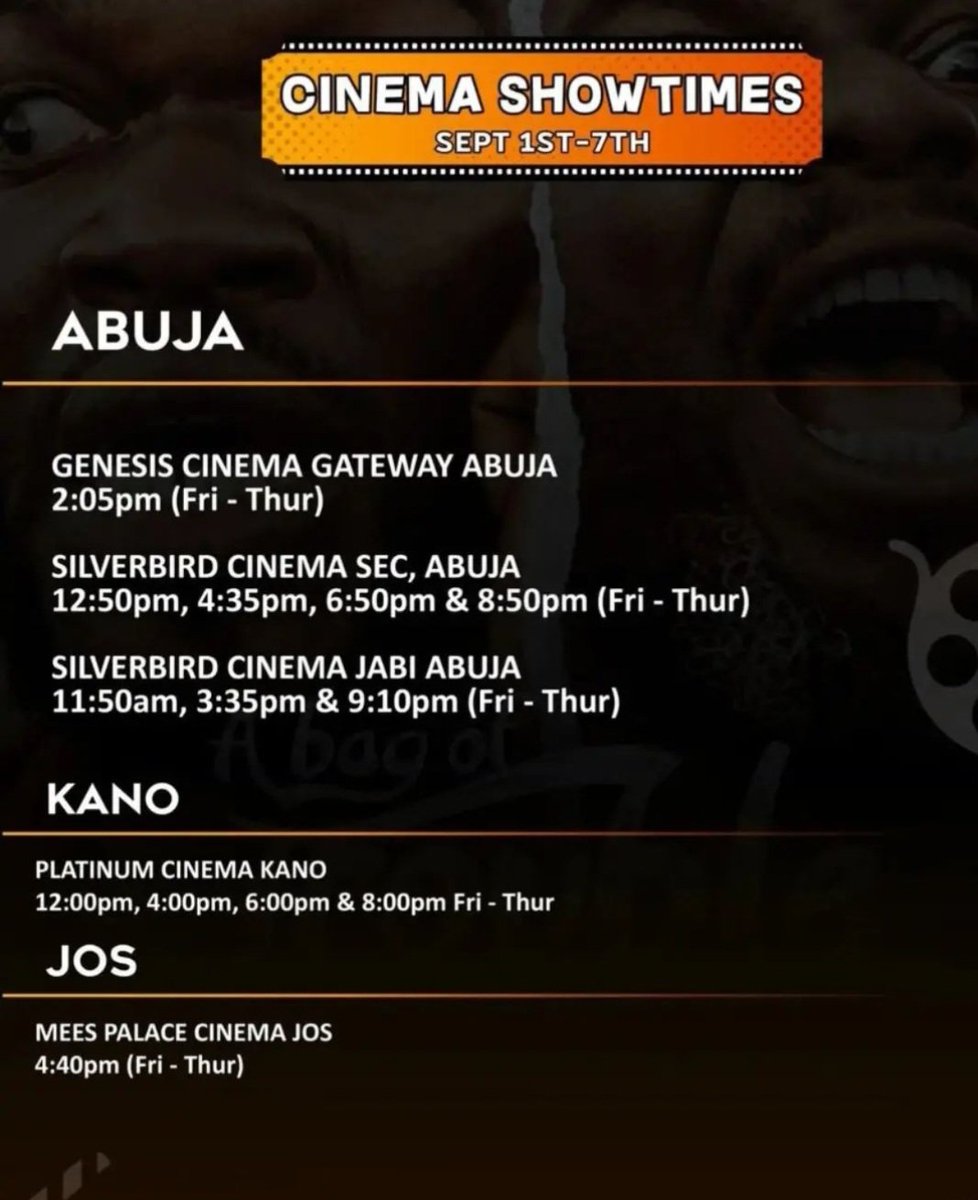 ABJ! Kano! JTown! It is time for some crazy fun. The blockbuster psychocomedy 'a Bag of Trouble' will be showing at these locations and times across Abuja, Kano &amp; Jos. Go see it with your loved ones and have the laughter of a lifetime. Sanu nku!