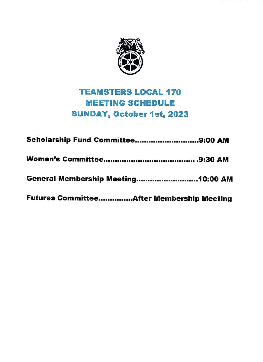 170Teamsters's tweet photo. Join us for our next membership meeting on Sunday October 1st! Please see schedule below. You must have current dues receipt to enter. We hope to see you there! #Teamsters #MonthlyMeeting #Local170 https://t.co/8U6RXr6Ywx